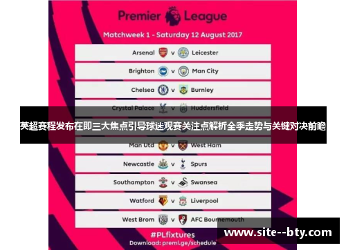 英超赛程发布在即三大焦点引导球迷观赛关注点解析全季走势与关键对决前瞻 英超赛程发布在即三大焦点引导球迷观赛关注点解析全季走势与关键对决前瞻